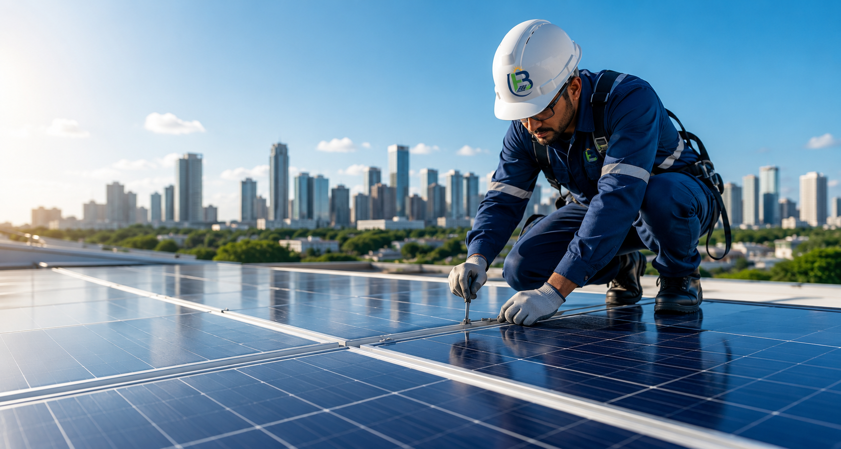Brinsley Engineering technician servicing rooftop solar panels